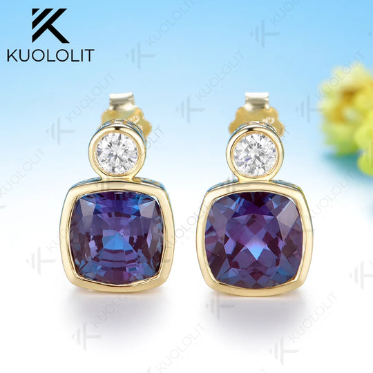 Kuololit 5.4CTW Lab Grown Alexandrite Moissanite Stud  Earrings for Women Solid 14K 10K 585 Yellow Gold Earring for Christmas
