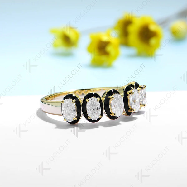 Kuololit 1.5CTW Oval Moissanite Black Enamel Band for Women Solid 10K 585 Yellow Gold Moissanite Engagement Ring for Christmas