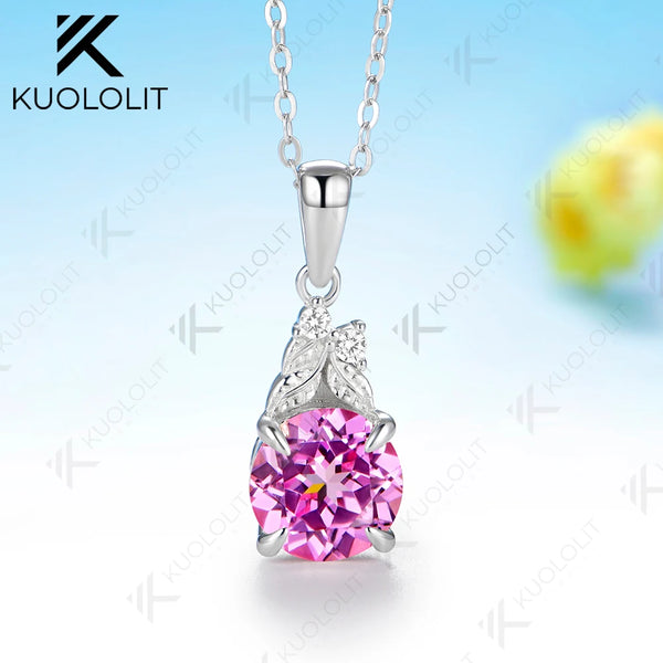 Kuololit 2CT Lab Grown Pink Sapphire Moissanite Necklace for Women Solid 585 14K 10K Yellow Gold Necklace for Christmas Gift