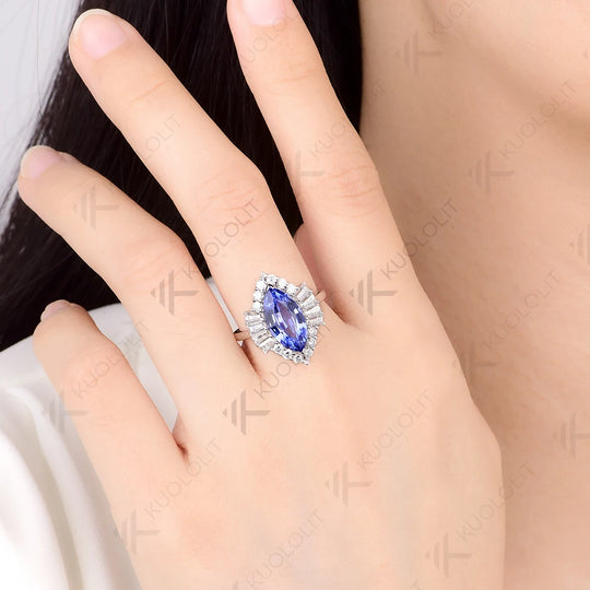 Kuololit 3.5CT Marquise Lab Grown Blue Sapphire Custom Ring for Women Solid 14K 10K 585 White Gold for Christmas Gifts Party