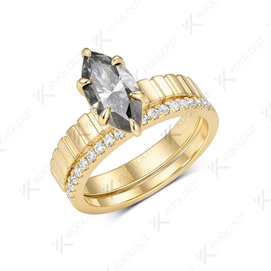 Kuololit 2CT Grey Marquise Moissanite Custom Set Ring for Women Solid 14K 10K 585 Yellow Gold Engagement Ring for Christmas Gift