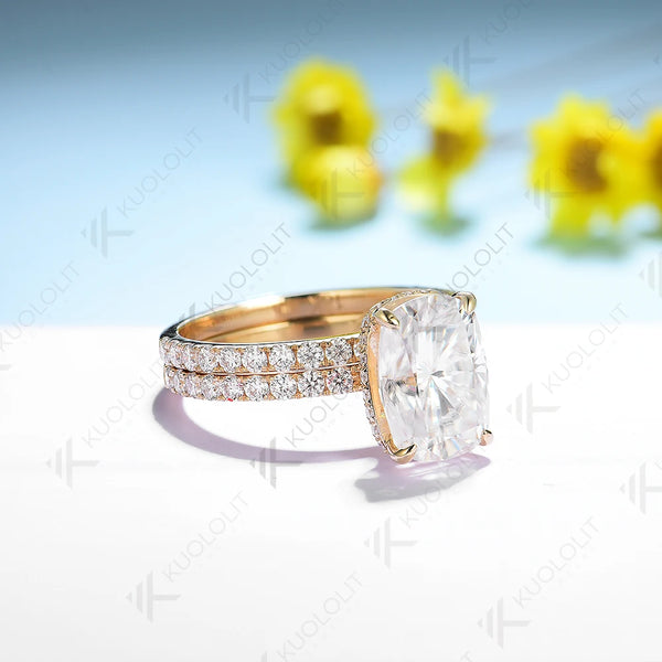 Kuololit Enlonged Cushion Cut  Moissanite Set Ring for Women Solid 18K 14K 10K 585 Yellow Gold Band for Engagement Wedding Christmas Party
