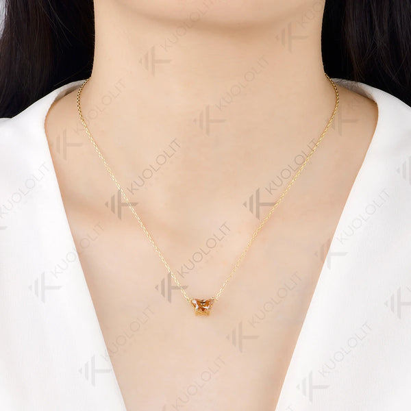 Kuololit 2CT Butterfly Champagne Moissanite Necklace for Women Solid 14K 10K Yellow Gold Animal Pedant for Christmas Party Gifts