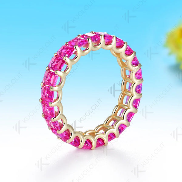 Kuololit 6.6CTW Lab Grown Pink Sapphire Custom Ring for Women Solid 14K 10K 585 Yellow Gold Full Eternity Band for Christmas