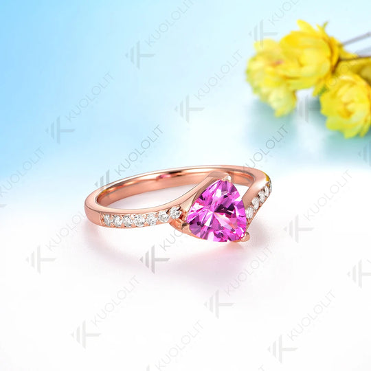 Kuololit 1.2CT Trillyon Pink Sapphire Engagement Ring for Women Solid 18K 14K 10K 585 Rose Gold Moissanite Ring for Christmas