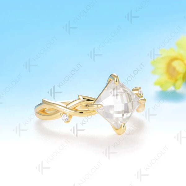 Kuololit 2CT Princess Cut Rose Cut Moissanite Ring for Women Solid 14K 10K 585 Yellow Gold Engagement Ring for Christmas Gifts