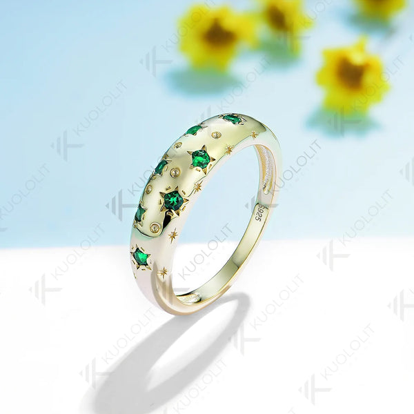 Kuololit 0.21CTW Lab Grown Emerald Starburst Band Rings Engagement Rings for Women Men Solid 14K Gold for Wedding Christmas Gift
