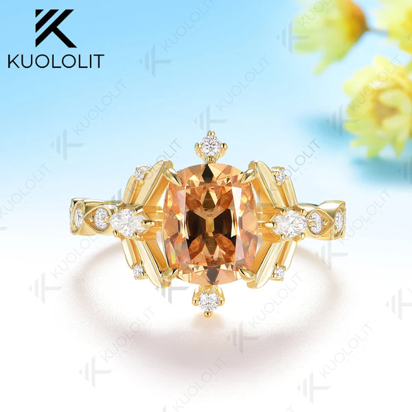 Kuololit 3CT OMC Cyan Champagne Moissanite for Women Solid 14K 10K 585 Yellow Gold Cushion Engagement Ring for Christmas Gifts