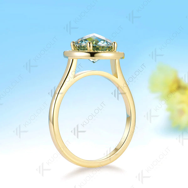 Kuololit 2CT Jubilee Cut Cyan Round Moissanite Ring for Women Solid 14K 10K 585 Yellow Gold Engagement Ring for Christmas Gifts