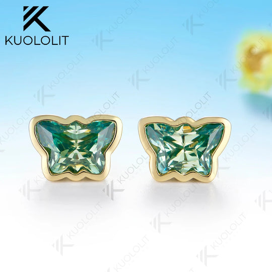 Kuololit 4CTW Butterfly Cyan Moissanite Clip Earring for Women Solid 14K 10K Yellow Gold Animal Earring for Christmas Gift Party