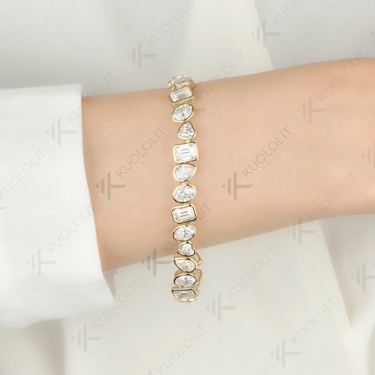 Kuololit 26.5CTW Heart Oval Pear Emerald Cut Moissanite Custom Bracelet for Women Men 14K 10K 585 Yellow Gold for Christmas Gift