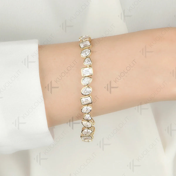Kuololit 26.5CTW Heart Oval Pear Emerald Cut Moissanite Custom Bracelet for Women Men 14K 10K 585 Yellow Gold for Christmas Gift