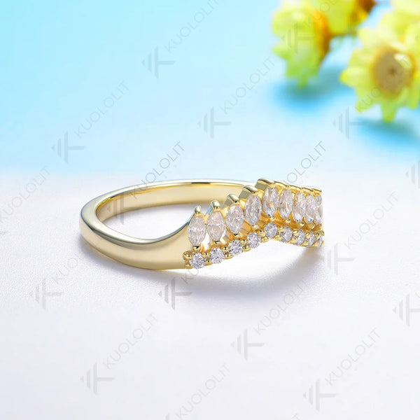 Kuololit 0.6CTW Lab Grown Diamond Marquise Band for Women Solid 18K 14K 10K Gold Ring for Anniversary Engagement Gifts Party