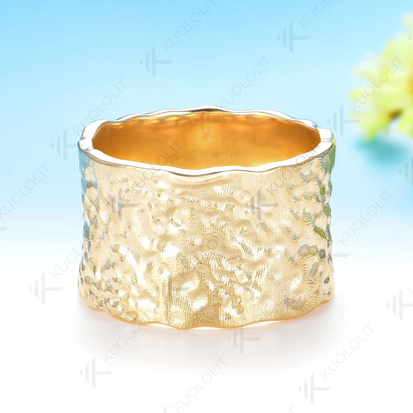 Kuololit 15mm Width Hammered Custom Ring for Men Women Solid10K Yellow Gold Handmade Ring for Anniversary Christmas Gifts Party