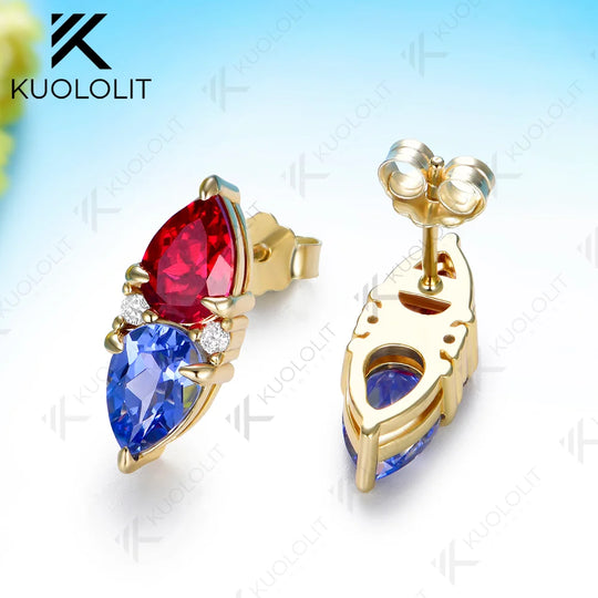 Kuololit 5CTW Lab Grown Ruby Sapphire Custom Clip Earrings for Women Solid 14K 10K 585 Yellow Gold Pear Cut for Christmas Gifts