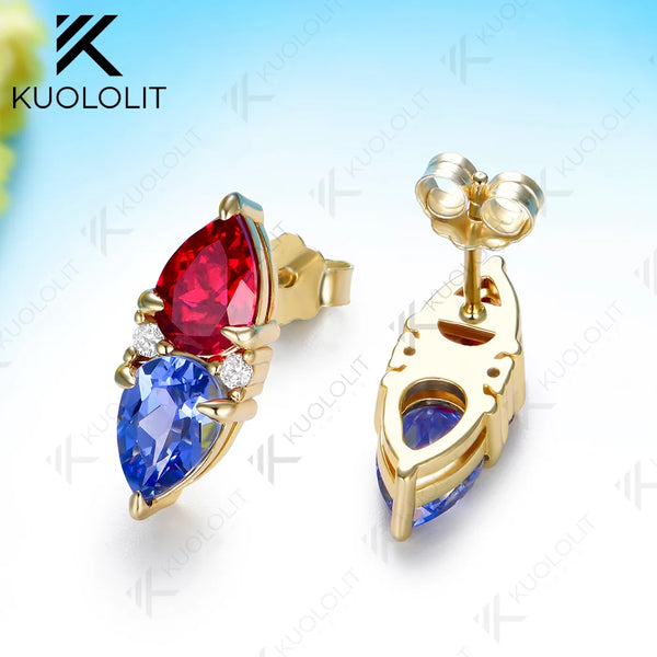 Kuololit 5CTW Lab Grown Ruby Sapphire Custom Clip Earrings for Women Solid 14K 10K 585 Yellow Gold Pear Cut for Christmas Gifts