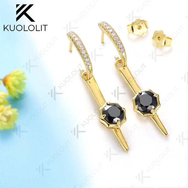 Kuololit 2CTW Black Moissanite Clip Earrings for Women Solid 18K 14K 10K 585 Yellow Gold Round Cut Hoop Earrings for Christmas
