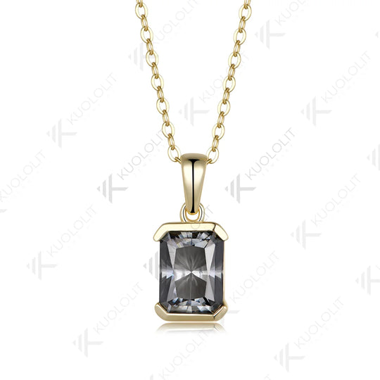 Kuololit 3CT Gray Moissanite Custom Necklace for Women Solid 585 14K 10K Yellow Gold Emerald cut Necklace for Christmas Party