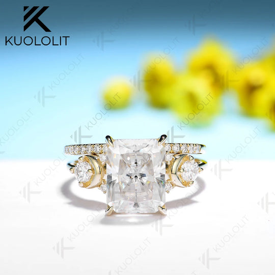 Kuololit 4CT Moissanite Set Rings for Women Solid 14K 10K 585 Yellow Gold Radiant Band Rings for Engagement Wedding Christmas