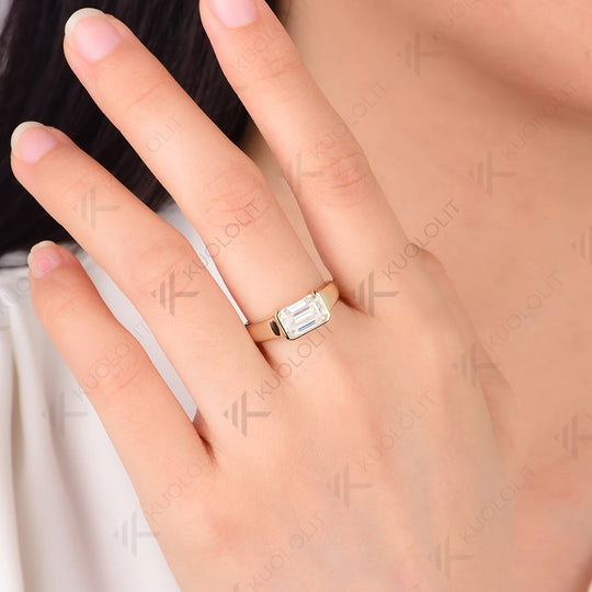Kuololit 2.5CT Emerald Moissanite Engagement Ring for Women Solid 18K 14K 10K 585 Yellow Gold Half Bezel Set Ring for Christmas