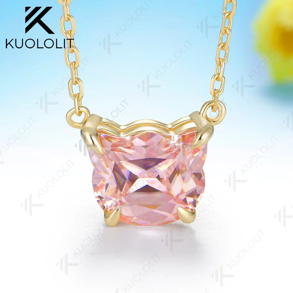 Kuololit 3.2CT Pink Moissanite Cat Necklace for Women Solid 585 14K 10K Yellow Gold Custom Necklace for Christmas Anniversary