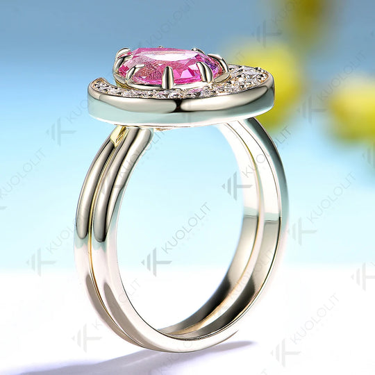 Kuololit 2.2CT Lab Grown Pink Sapphire Set Ring for Women Solid 14K 10K Yellow Gold Ring for Anniversary Christmas Gift Custom