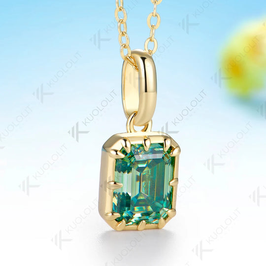 Kuololit 3CT Emerald Cut Cyan Moissanite Necklace for Women Solid 585 14K 10K Yellow Gold  Necklace for Christmas Gifts Party
