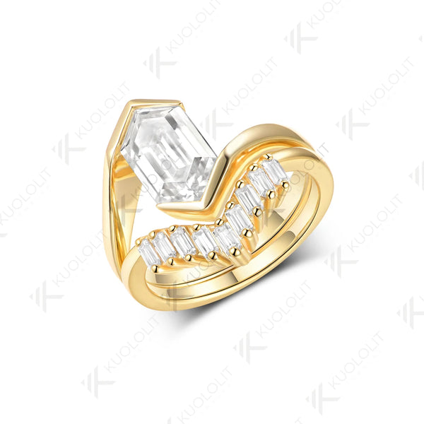 Kuololit 3CT Long Hexagon Cut Moissanite Set Ring for Women Solid 14K 10K 585 Yellow Gold Engagement Ring for Christmas Gifts