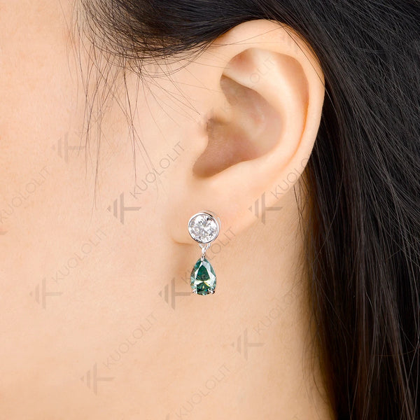Kuololit 5CTW Cyan Pear Round Cut Moissanite Custom Stud Earrings for Women Solid14K 10K 585 White Gold for Christmas Gift Party