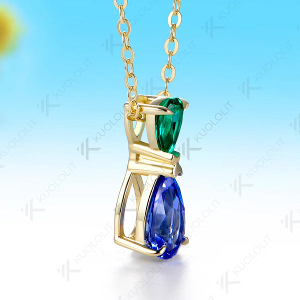 Kuololit 2CTW Lab Grown Emerald Sapphire Necklace for Women Solid 14K 10K Yellow Gold Custom Necklace for Christmas Anniversary