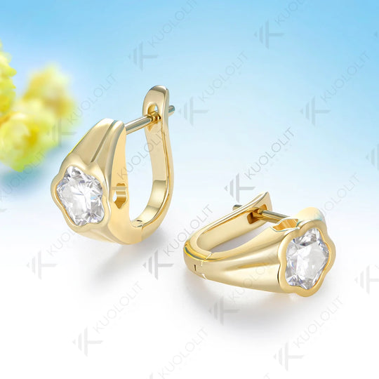 Kuololit 6CTW Moissanite Clip Earring for Women Solid 14K 10K Yellow Gold Flower Cut Plant Earring for Christmas Gift Party