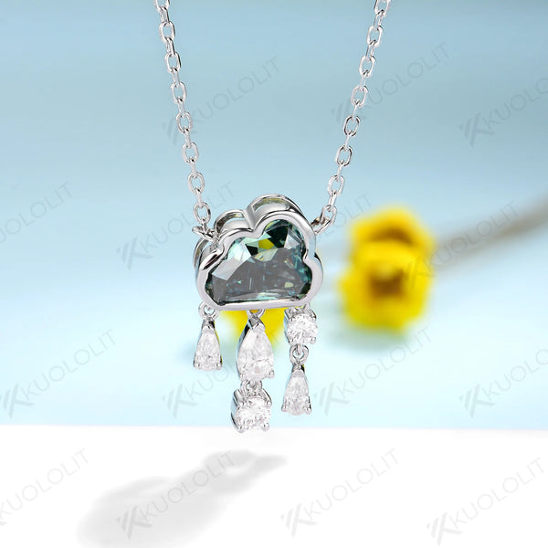 Kuololit 2CT Champagne Cyan Cloudy Moissanite Necklace for Women Solid 14K 10K 585 Rose Gold Wedding Necklace for Christmas Gift