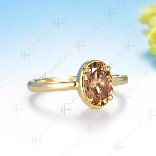 Kuololit 1.8CT Champagne Moissanite Ring for Women Solid 14K 10K Yellow Gold Engagement Oval Cut for Christmas Gifts Party