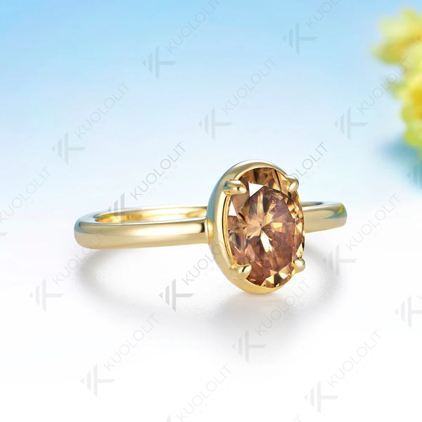 Kuololit 1.8CT Champagne Moissanite Ring for Women Solid 14K 10K Yellow Gold Engagement Oval Cut for Christmas Gifts Party