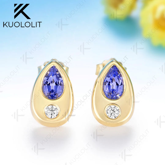 Kuololit Lab Grown Sapphire Diamonds Earrings for Women Solid 14K 10K 585 Yellow Gold Stud Earring for Christmas Gifts New