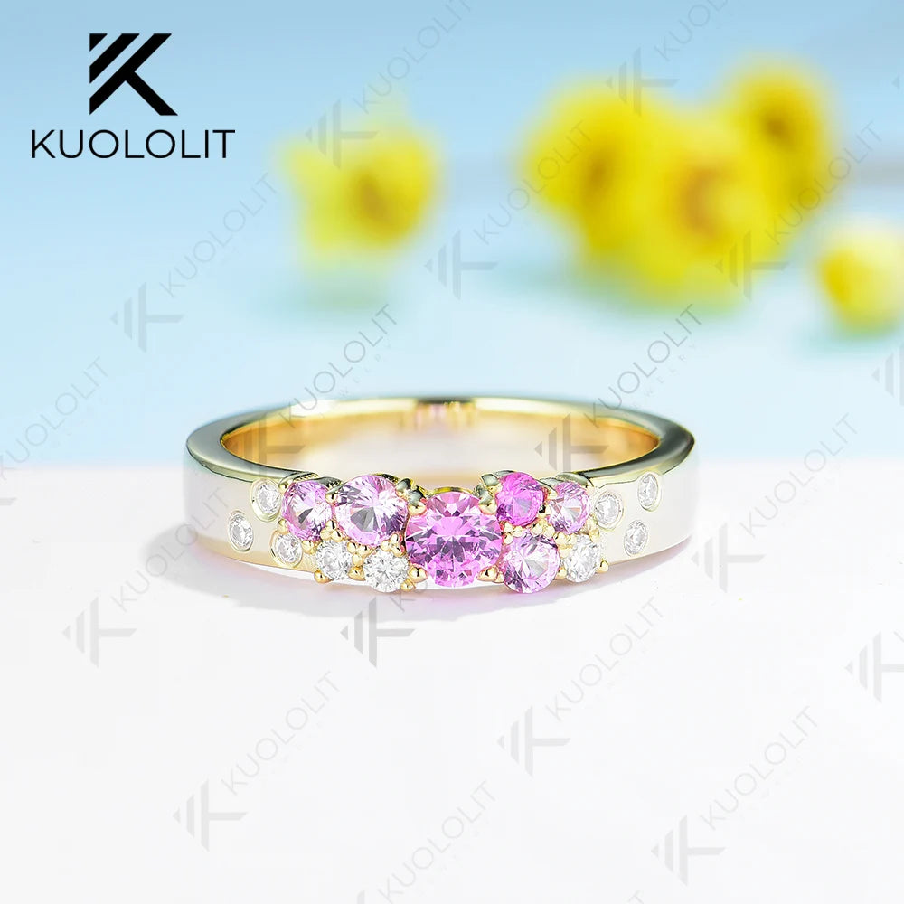 Kuololit 0.7CTW Lab Grown Pink Sapphire Bnad for Men Women DLab Gronw Diamond D VS1 Ring  Round Cut for Wedding Christmas Gift