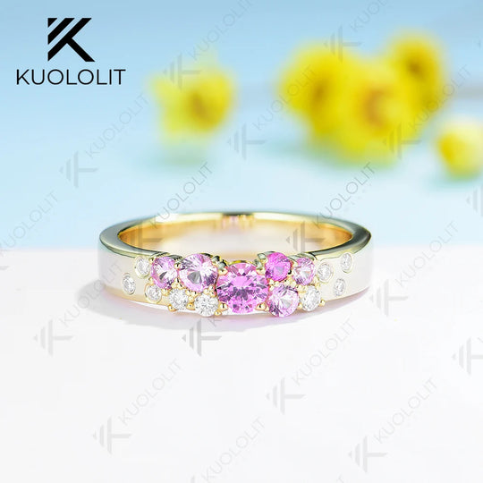Kuololit 0.7CTW Lab Grown Pink Sapphire Bnad for Men Women DLab Gronw Diamond D VS1 Ring  Round Cut for Wedding Christmas Gift
