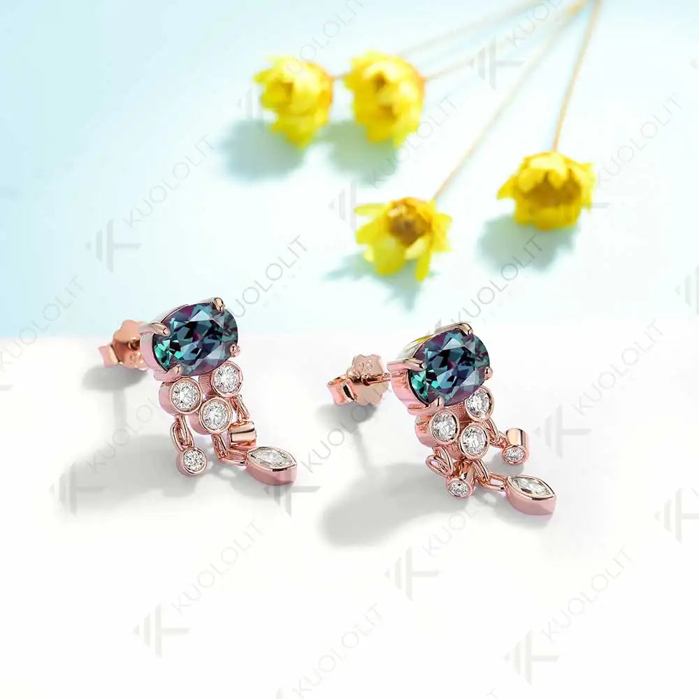 Kuololit 3.7CTW Lab Grown Alexandrite with Moissanite Stud Earrings for Women Solid 14K 10K 585 Gold Earrings for Christmas Gift