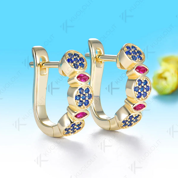 Kuololit 1.1CTW Lab Grow Ruby Blue Sapphire Custom Earrings for Women Solid 14K 10K 585 Yellow Gold for Christmas Gifts Party