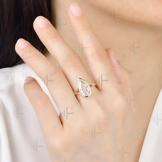 Kuololit 4CT Unique Portrait Pear Cut Moissanite Ruby or Sapphire RCustom Ring for Women Solid 14K 10K Yellow Gold for Engagement Christmas