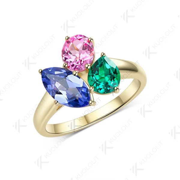 Kuololit Lab Grown Blue Sapphire Emerald Gemstones Custom Ring for Women Solid 14K 10K 585 Yellow Gold for Christmas Gifts Party
