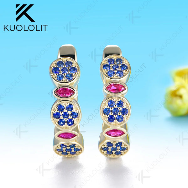 Kuololit 1.1CTW Lab Grow Ruby Blue Sapphire Custom Earrings for Women Solid 14K 10K 585 Yellow Gold for Christmas Gifts Party
