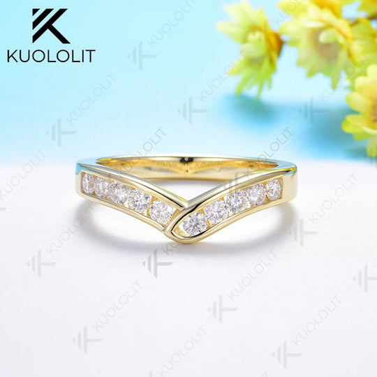 Kuololit 0.5ctw Moissantie V Band Rings for Women Solid 585 14K Gold Matching Band Set Ring for Anniversary Classic Christmas