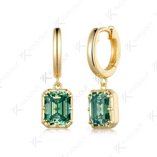 Kuololit 6CTW Emerald Cut Cyan Moissanite Earrings for Women Solid 14K 10K 585 Yellow Gold Clip Earrings for Christmas Gifts