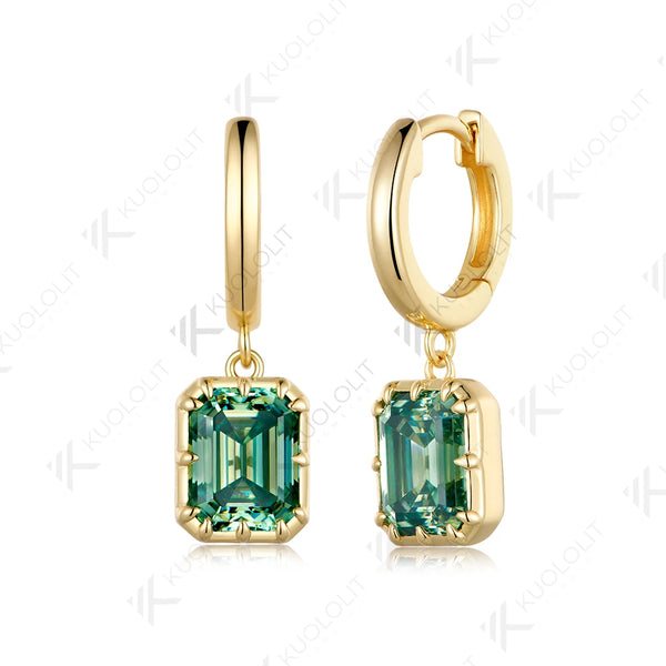 Kuololit 6CTW Emerald Cut Cyan Moissanite Earrings for Women Solid 14K 10K 585 Yellow Gold Clip Earrings for Christmas Gifts