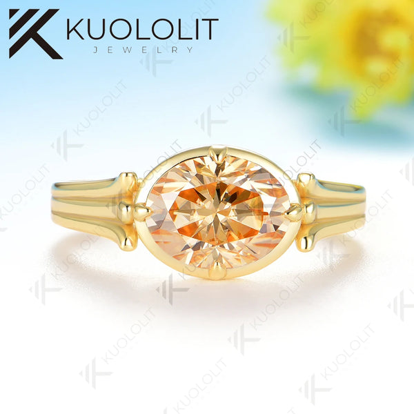 Kuololit 2CT Oval Champagne or D-Color Moissanite Engagement Ring for Women Solid 14K 10K 585 Yellow Gold Oval Cut  Ring for Christmas Gift Party