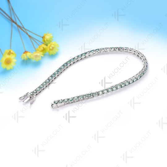 Kuololit Champagne Cyan Moissanite Round 3.0MM Tennis Bracelet for Women Men 14K 10K 585 White Gold Tennis Bracelet for Engagement Christmas