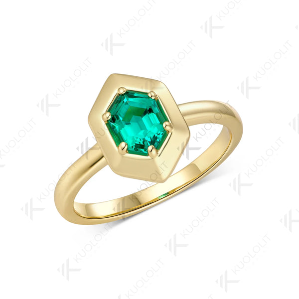 Kuololit 1CT Lab Grown Emerald Hexagon Cut Custom Ring for Women Solid 14K 10K 585 White Gold Ring for Engagement Christmas Gifts