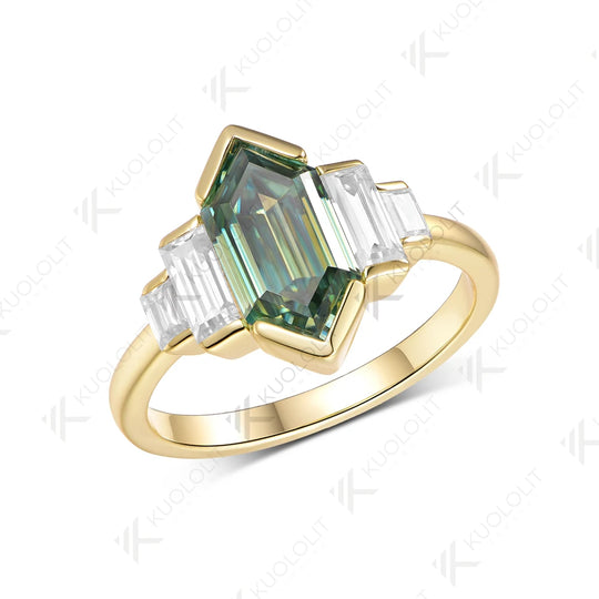 Kuololit 2.5CT Elongate Hexagon Cut Cyan Moissanite Ring for Women Solid 14K 10K 585 Yellow Gold  for Christmas Gifts Engagement