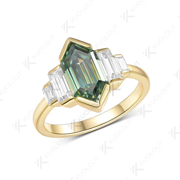 Kuololit 2.5CT Elongate Hexagon Cut Cyan Moissanite Ring for Women Solid 14K 10K 585 Yellow Gold  for Christmas Gifts Engagement